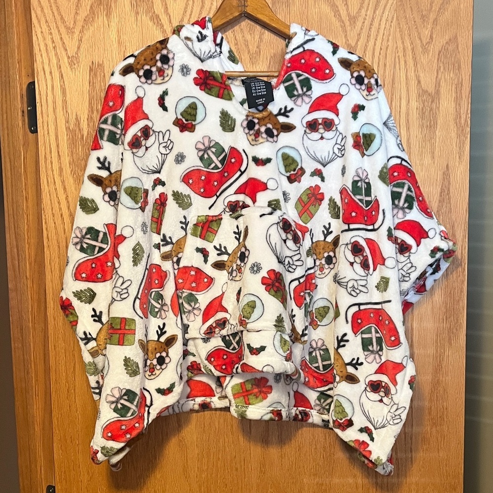 Throwzy Holiday Hooded Poncho with Santa and Reindeer